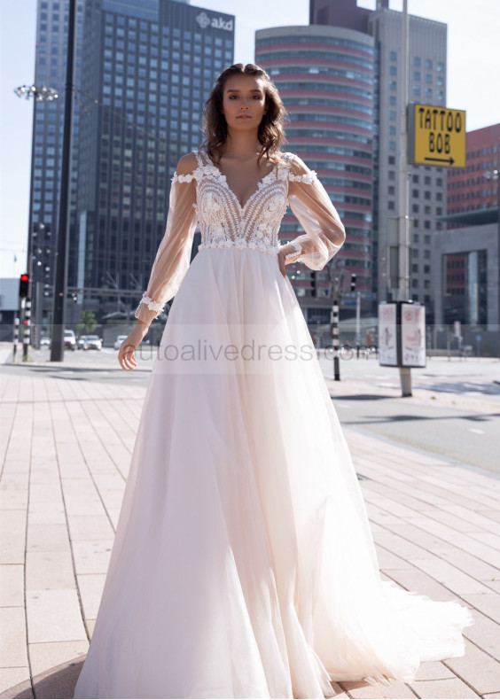 Long Sleeve Ivory Lace Tulle V Back Wedding Dress